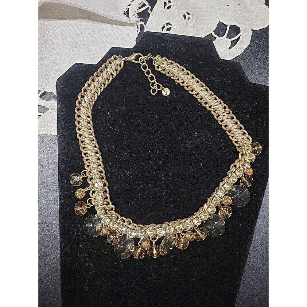 LOFT Necklace Gold Tone Beaded Amber Rhinestone Collar Costume Jewelry Vtg